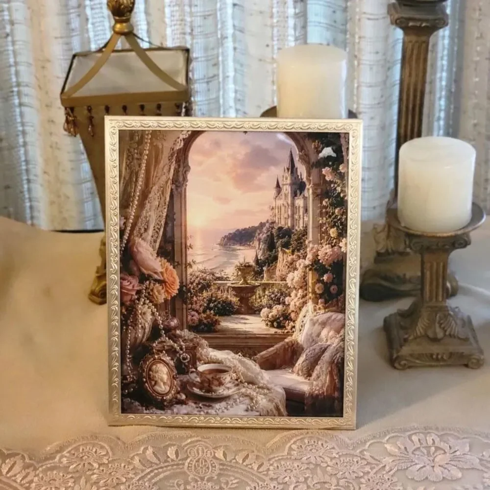 Victorian romantic Seaside Castle picture silvertoned 8x10 frame
